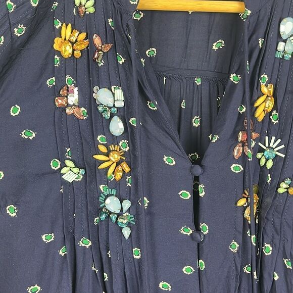Anthropologie Vanessa Virginia Ashton navy peasant embellished jeweled blouse - Picture 5 of 9